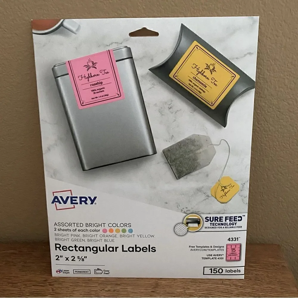 NWT New 300 Avery Rectangular Labels w/Sure Feed Bright Colors 4331, 2
